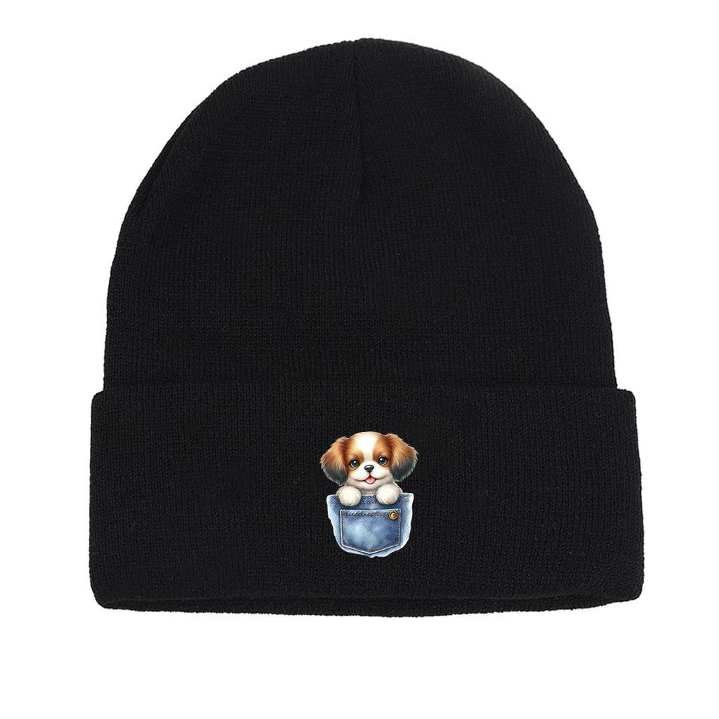 Cartoon Dog Pocket Warm Knitted Cap Beanie, Animal Woman Cap Cozy Candy Color Solid Color Pompom Beanies Knit Hat Beanie