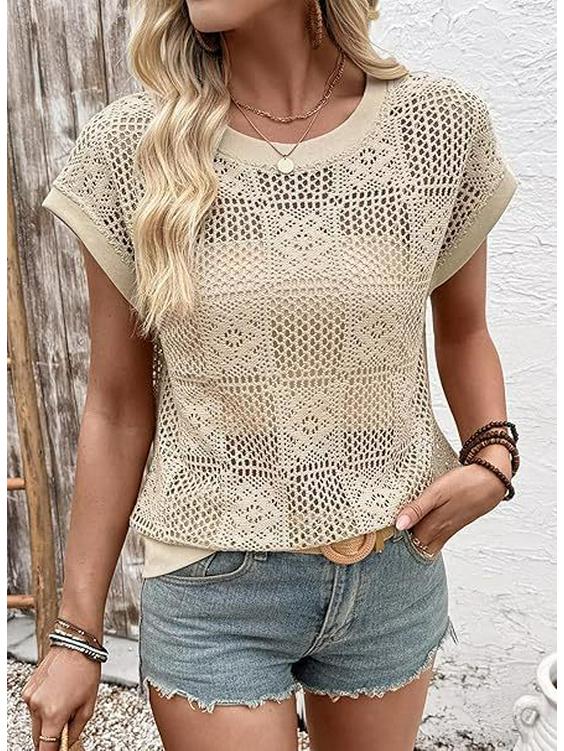2026 Европейский и Американский Трансграничный Женский Летний Ажурный Топ с Круглым Вырезом в Стиле "Пряная Девушка"