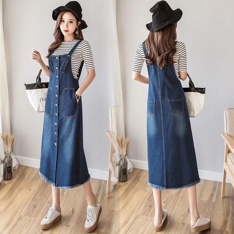 Korean Style A-Line Suspender Denim Dress for Women - Medium and Long Slim Fit