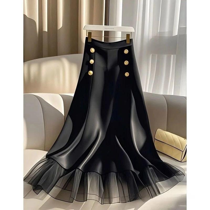 Private Fashion Black Mesh Spliced Midi Skirt With High Waist For Women
