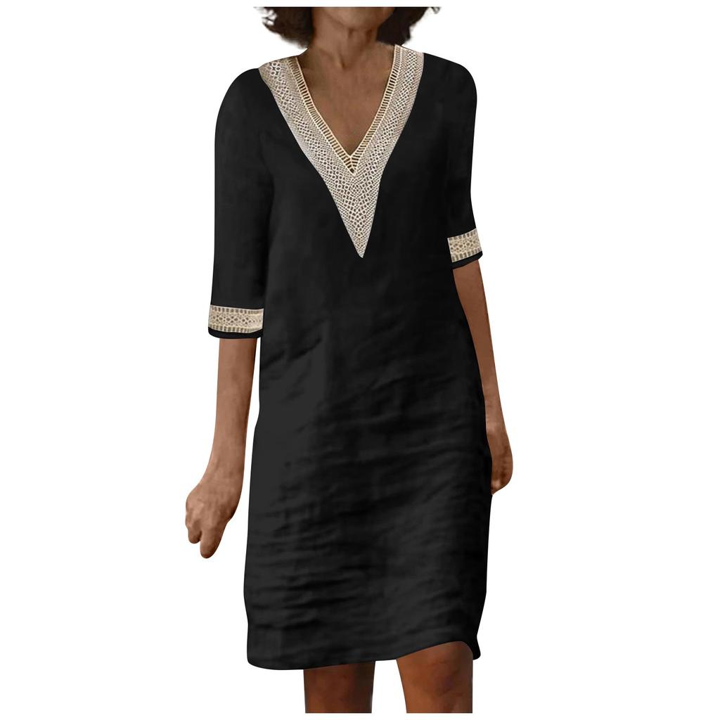 Ladies Lace Stitching V Neck Embroidered Exquisite Embroidered Lace Short Sleeve Cotton Linen Dress Summer Linen  Dress