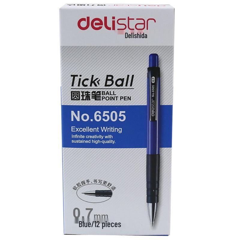 Deli 6505 Retractable Ballpoint Pens, 0.7mm Blue Ink, 12-Pack