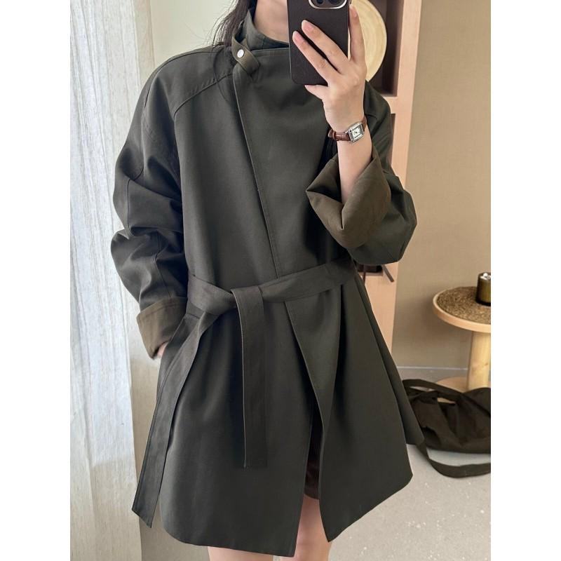 Womens Mid-Length Trench Coat Loose Fit Slimming British Style Contrast Color Tie Belt Fall Outerwear