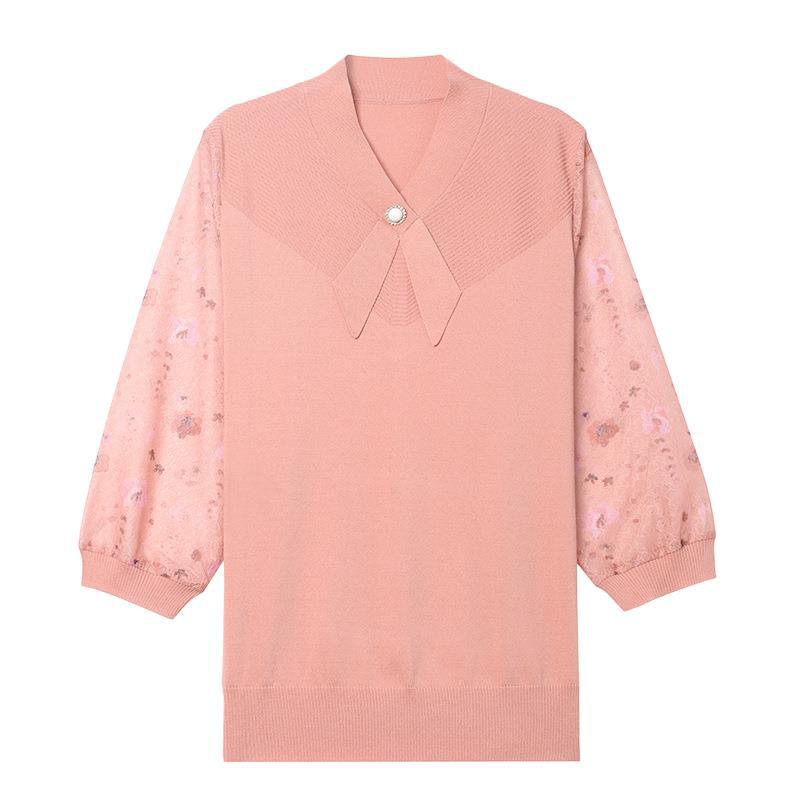 Spring Knit Top: Gauze Sleeve Shirt for Middle-Aged & Elderly Women - 7-Sleeved