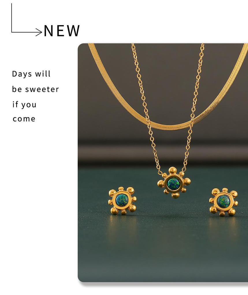 European & American Sunflower Gemstone Earrings & Clavicle Necklace Set, 18K Gold-Plated Titanium Steel