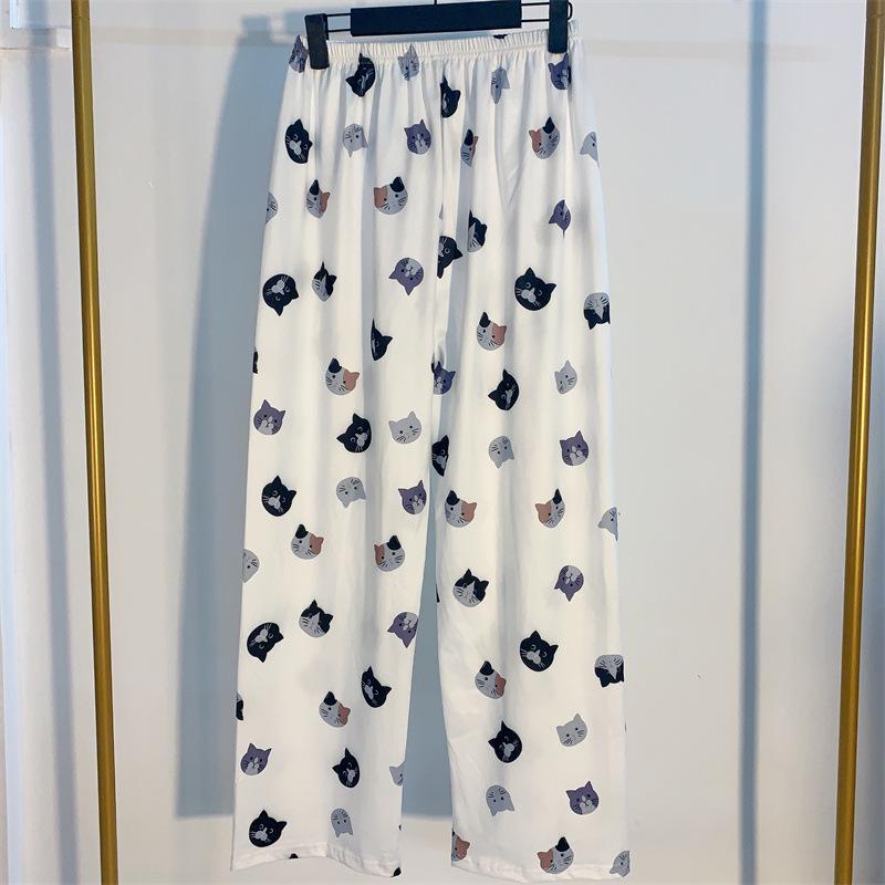 Женские свободные пижамные штаны с мультяшным котом на весну и осень — удобные, воздушные, подходят для дома и улицы.