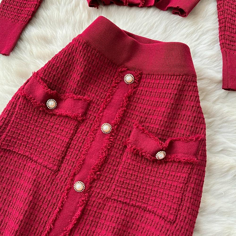 Осенне-зимний женский вязаный свитер, комплект из двух предметов, кардиган с V-образным вырезом и длинными рукавами и длинная миди юбка А-силуэта, наряды