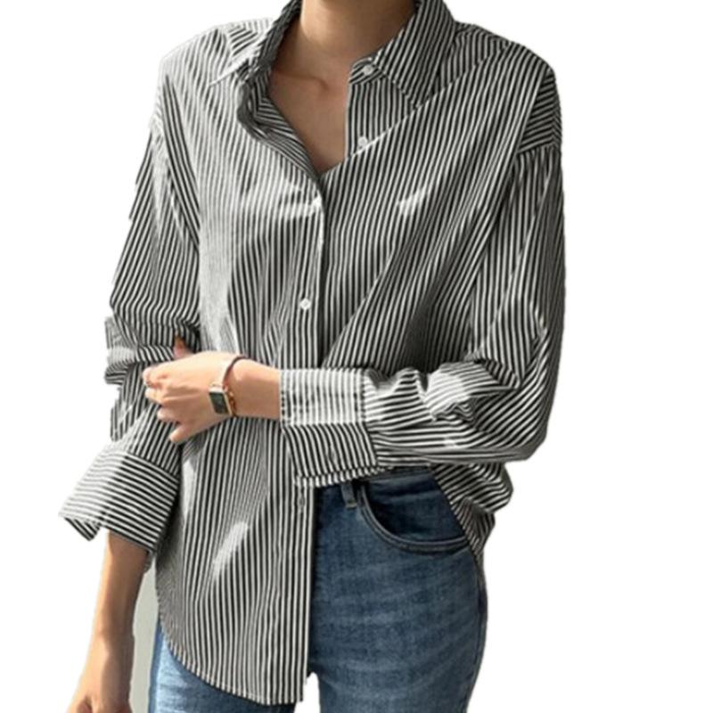Women Fashion Striped Blouse Spring Summer Elegant Shirts Casual Loose Long Sleeve Button Up Tunic Tops