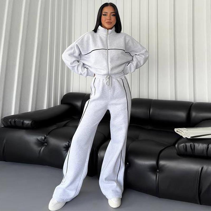 Женский повседневный свободный комплект из двух предметов на весну и осень, длинный рукав, воротник-стойка, толстовка с капюшоном на молнии, эластичный пояс, широкие брюки