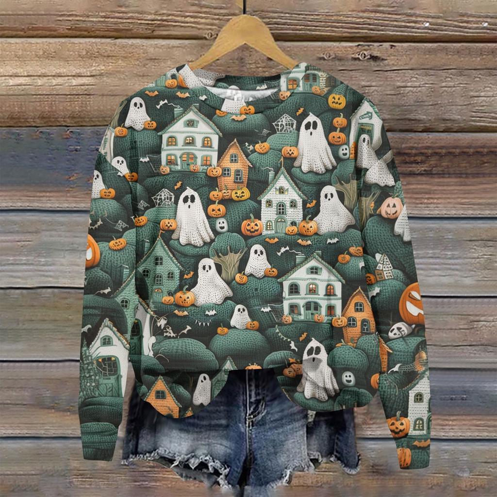 Женский осенне-зимний топ с круглым вырезом и длинными рукавами, милый свитер-пуловер с принтом 3D на тему Хэллоуина