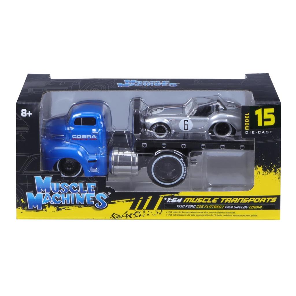 Maisto 1/64 Scale Muscle Machines Muscle Transporter Diecast Model Car (1950 Ford COE Flatbed/1964 Shelby Cobra - Silver/Blue 11548)
