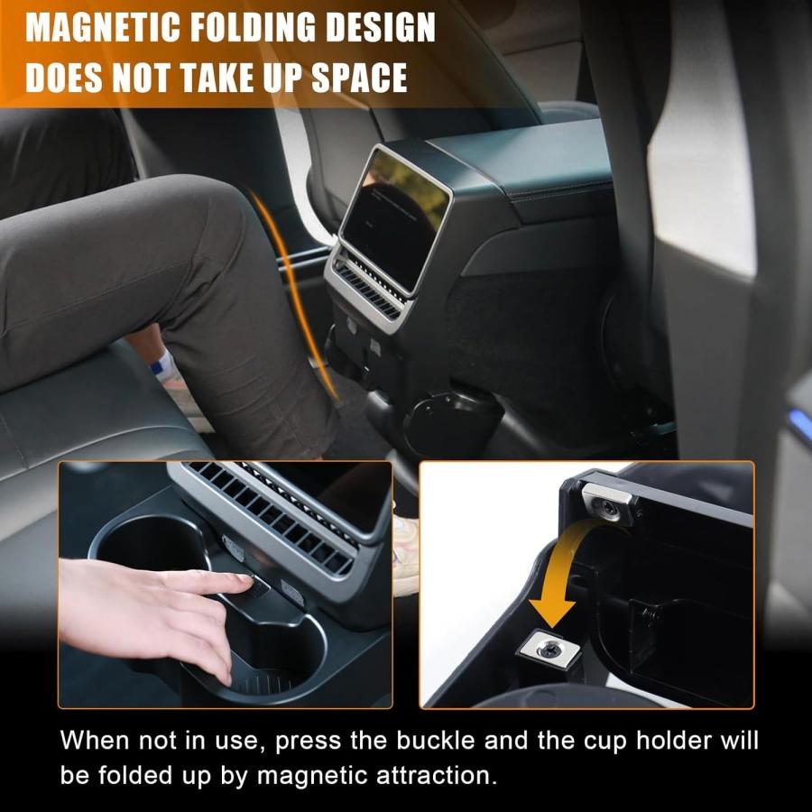 cfseh5 3-In-1 Design Rear Seat Cup Holder Organizer For Tesla Model Y Juniper 2025+ & Model 3 Highland 2024+ Retractable and Foldable