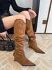 Wedge Heel Pointed Khaki Stack Boots Tall Knight Boots Women's Shoes 2025 New Spring and Autumn Winter Thin Long Boots
