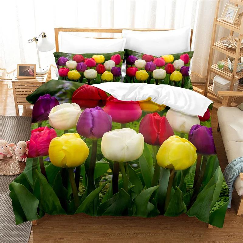 Color Tulip Pattern Bedding Set Down Duvet Quilt Cover Set 3D Digital Printing Quilt Cover Three-piece Set