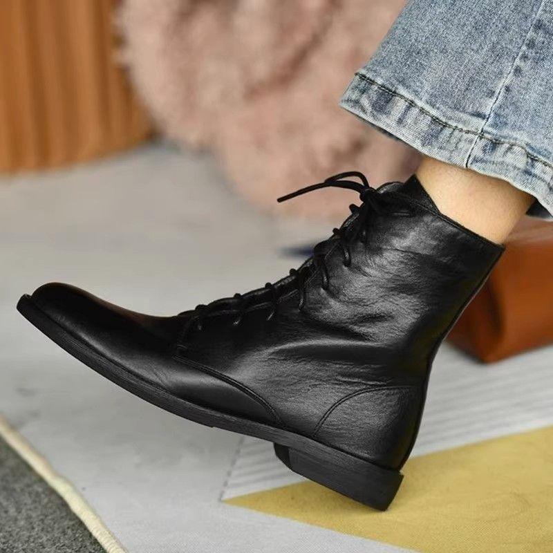 Fashion Concise Style Lace Up Black Ankle Boots Women Luxury Zip Soft Leather Riding Boots Autumn Winter Comfortable Flat Botas Mujer
