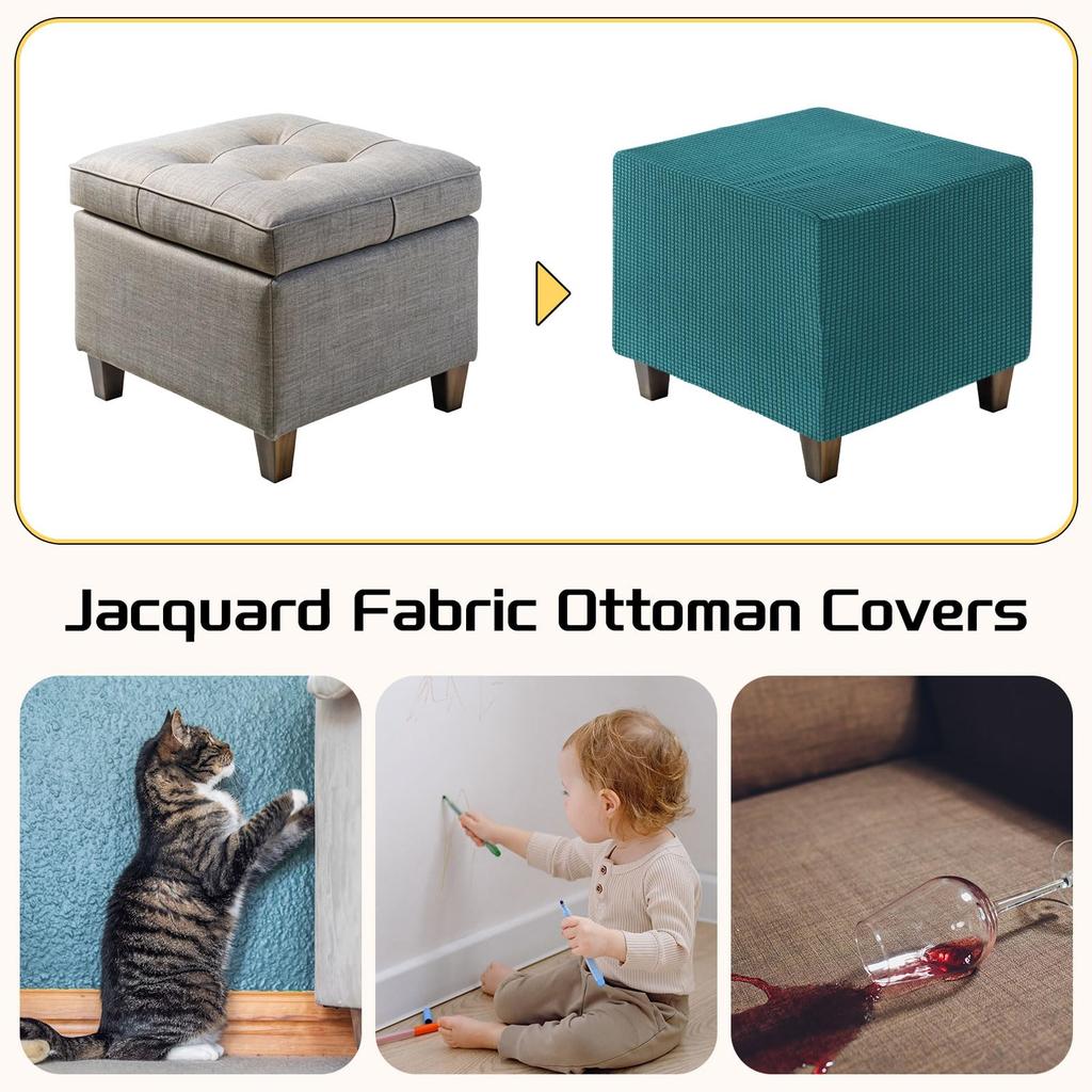 uxcell Square Jacquard Ottoman Slipcover with Elastic Stretch Footrest Stool Cover for Living Room Furniture Protector Medium Bottom, (Cyan, Size)