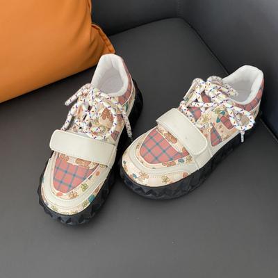 Осенние новые розовые клетчатые новые туфли на липучке для хлеба женские с большой головкой универсальные толстые подошвы уродливые милые стильные туфли высокая красота