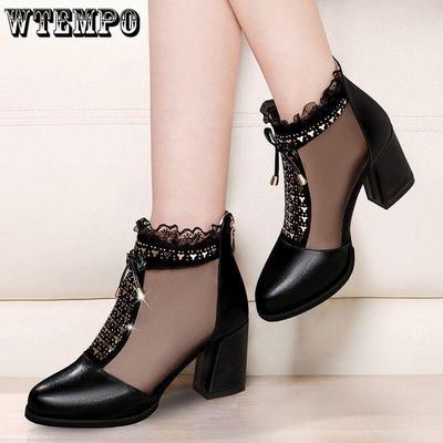 Женские сетчатые сандалии на высоком каблуке из натуральной кожи, женская обувь на толстом каблуке, классные ботинки на среднем каблуке, летние женские сандалии, обувь для мам