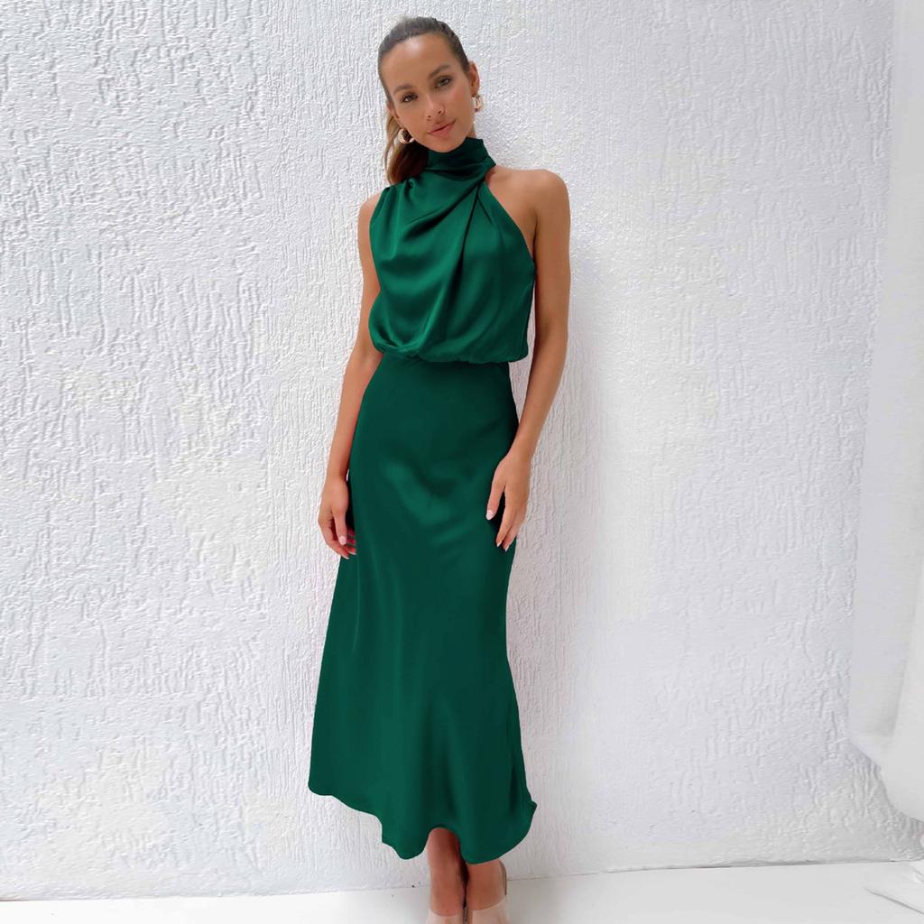 Женские коктейльные платья без рукавов с воротником-стойкой и эластичной резинкой на талии для вечеринки, свадьбы, для гостей, атласное платье средней длины с высоким разрезом