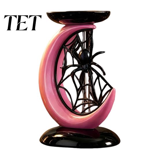 Modern Gothic Home Furnishing Halloween Pink Moon Spider Candle Holder, Sweet Dark Aesthetic Tray for Resin Pillar Base Candles, Tabletop Decor Window