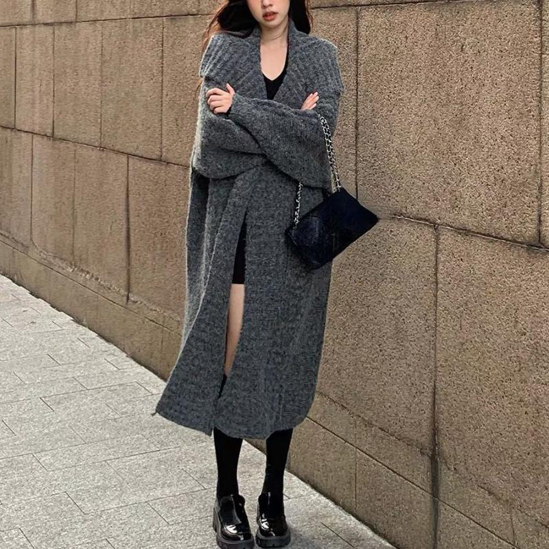 Французский винтажный вязаный кардиган, пальто, женский повседневный свободный свитер с длинным рукавом, длинные пальто, офисные женские туфли, корейский шик, зима 2023