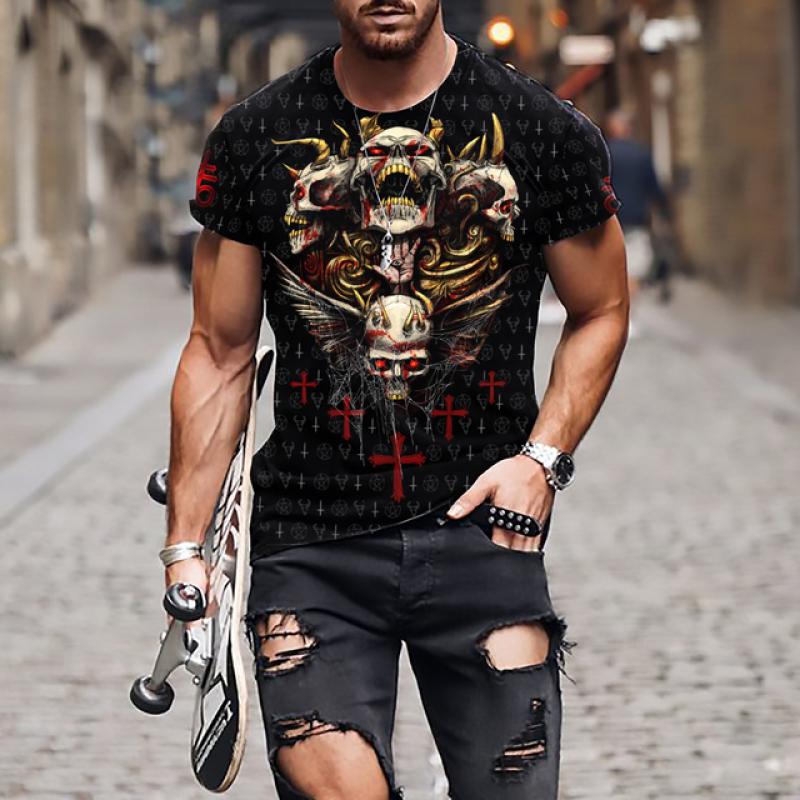 Мужская футболка со страшным черепом, футболка с 3D принтом черепа, мужская футболка большого размера с короткими рукавами, панк-топ, мужской костюм смерти