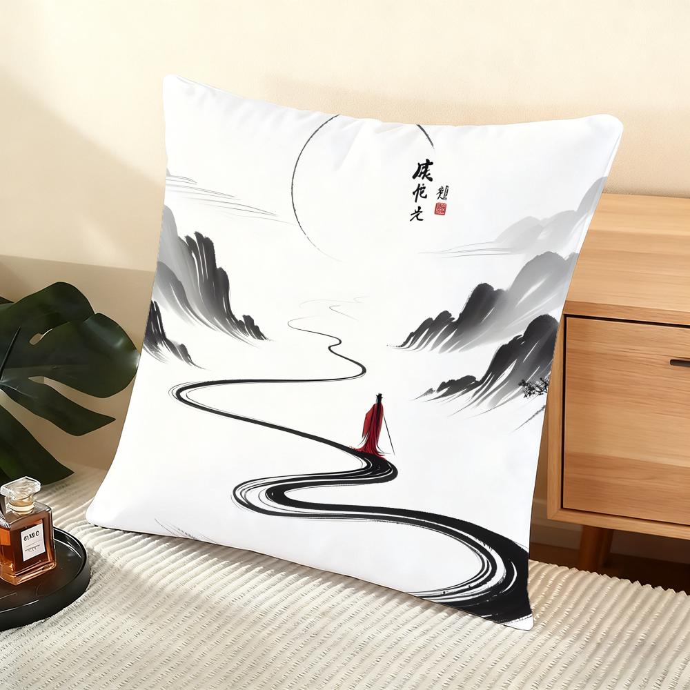 Chinese Ink Painting Style Cushion Cover Soft Short Plush Pillow Cover Smooth Cozy Texture Aesthetic Cushion Case Home Decor