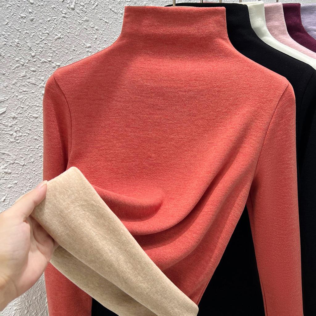 Autumn and Winter Women's Clothing Containing Wool and Silk Bottoming Shirt Women's Inner Heating Fleece Warm Turtleneck Top with Fleece and Thicker