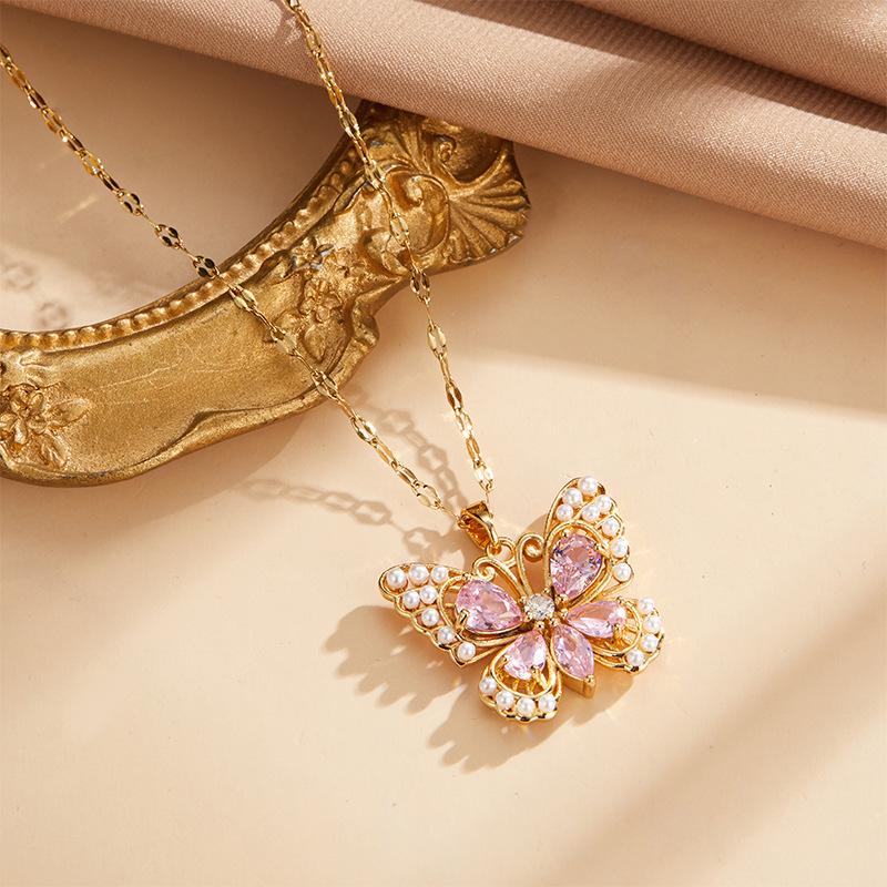 Light Luxury Design Pink Zirconium Butterfly Necklace Women'S Simple Ol Versatile Pearl Pendant Jewelry