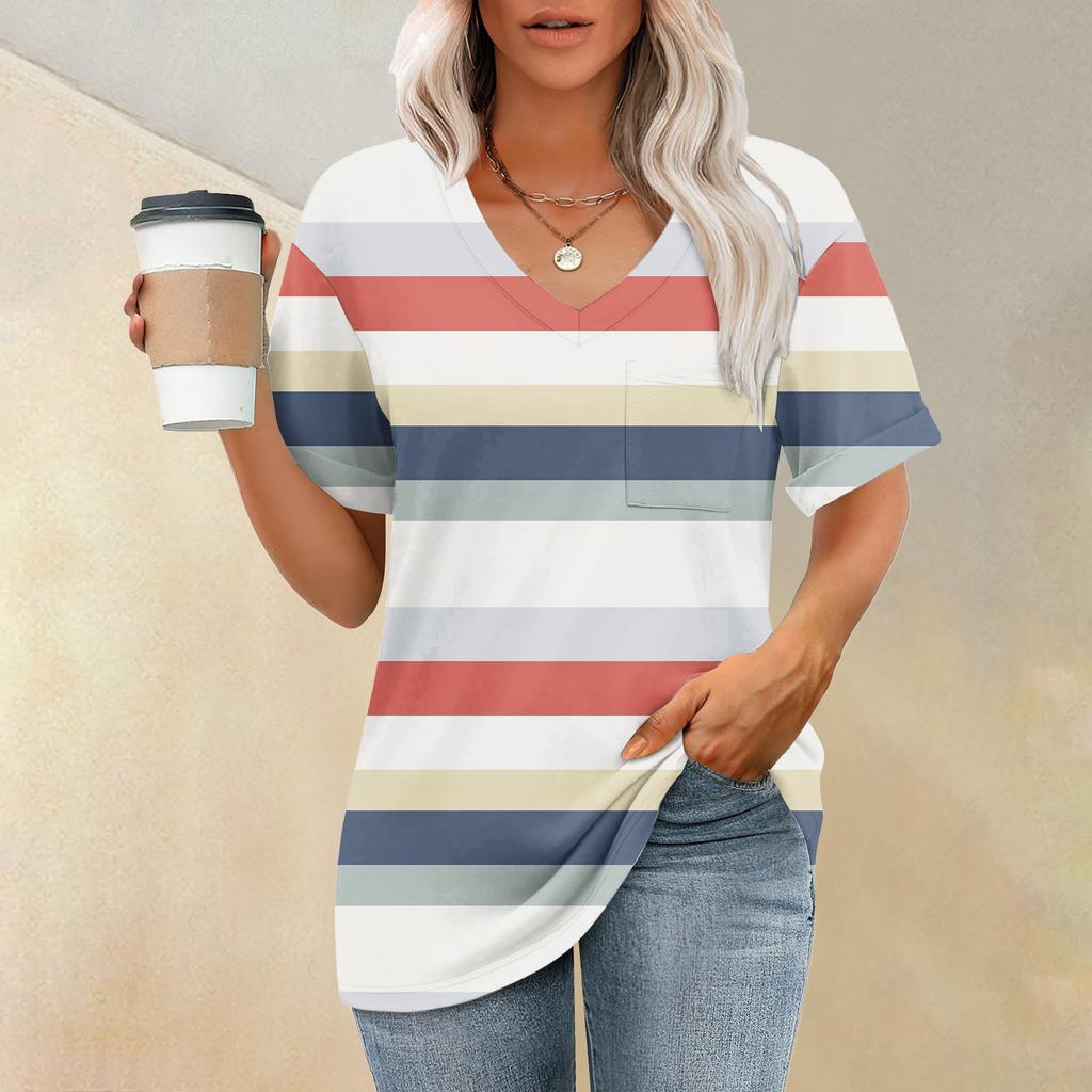 Модный топ с карманом, V-образным вырезом, коротким рукавом, полосатым принтом, футболка
