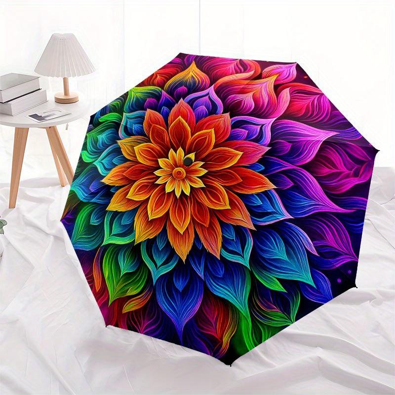 Vibrant Rainbow Flower Mandala Wall Art PrintUmbrella with Cute Design, Portable 3-Fold Compact Umbrella for Men & Women, Valentine's Day Mother's Day
