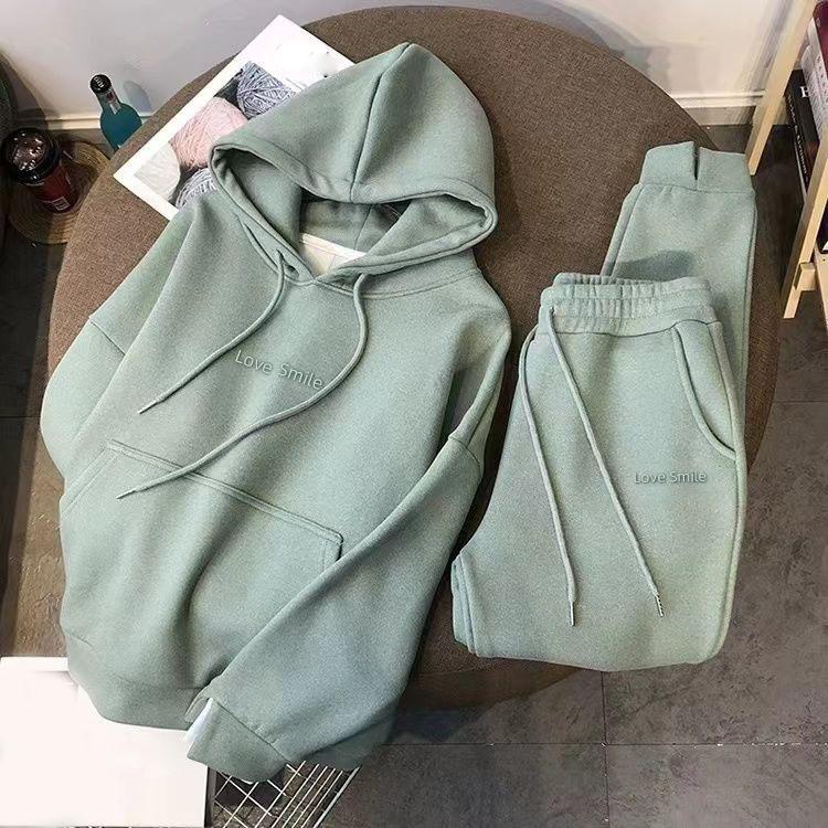 Autumn Winter Thick Jogger Two-piece Set Warm Hooded Sweatshirt Tracksuit High Waist Harem Pants Suits Thick Ankle Pants Set