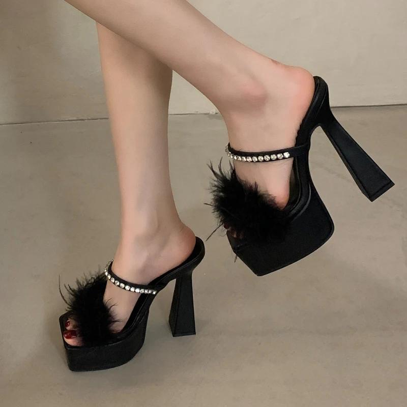 Fashion Sexy Slippers Women Rhinestone Fluffy Feather Sandals Platform Chunky High Heels Party Nightclub Ladies Mules Shoes