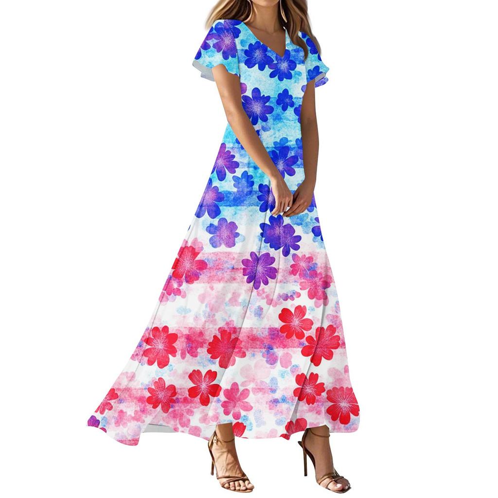 Женские повседневные модные платья с принтом ко Дню независимости, платья с коротким рукавом и V-образным вырезом
