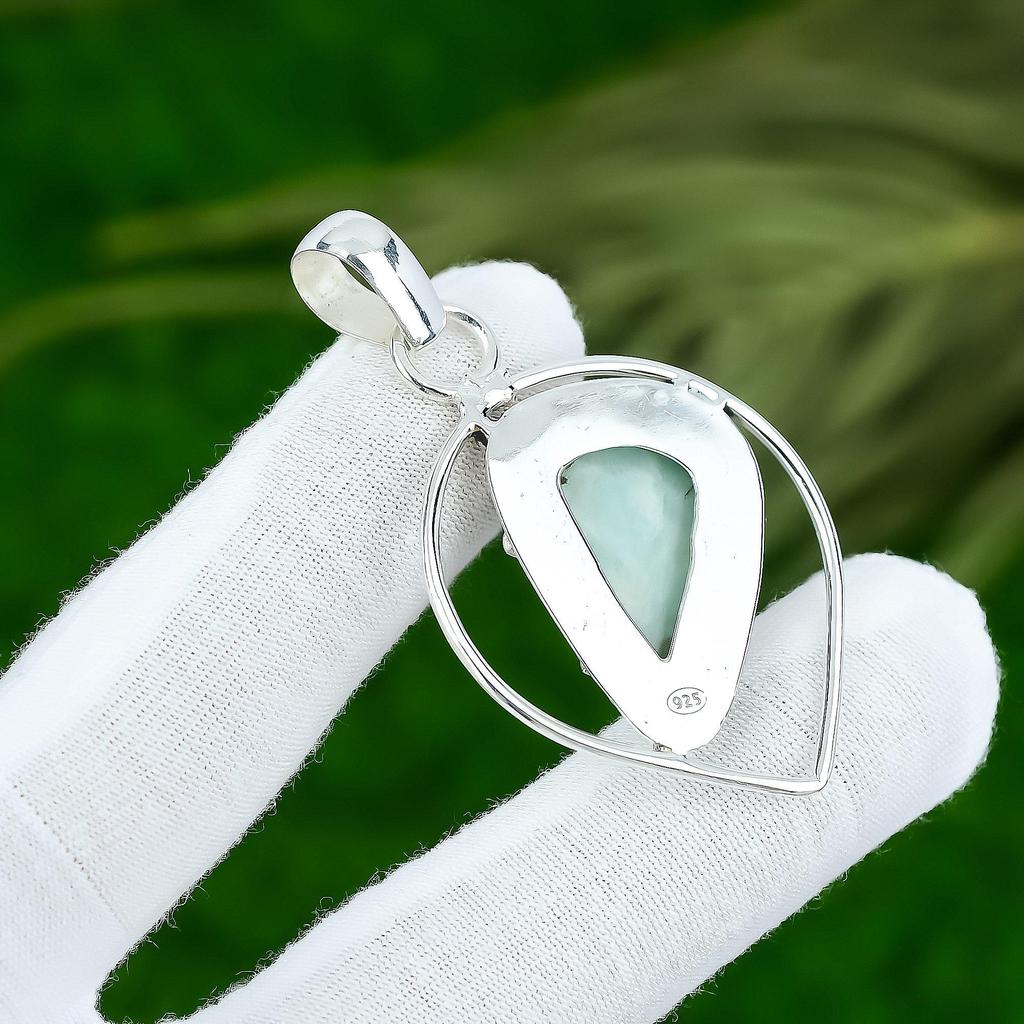 Sterling Silver Natural Amazonite Bezel Mother Art Deco Wedding Pendant Jewelry