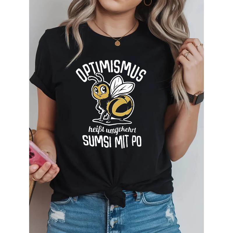 Plus Size - Plus Size - Cartoon Bee German "OPTIMISMUS Means SUMSI MIT PO in Reverse" Pattern Printed Plus Size Women'S Fashionable