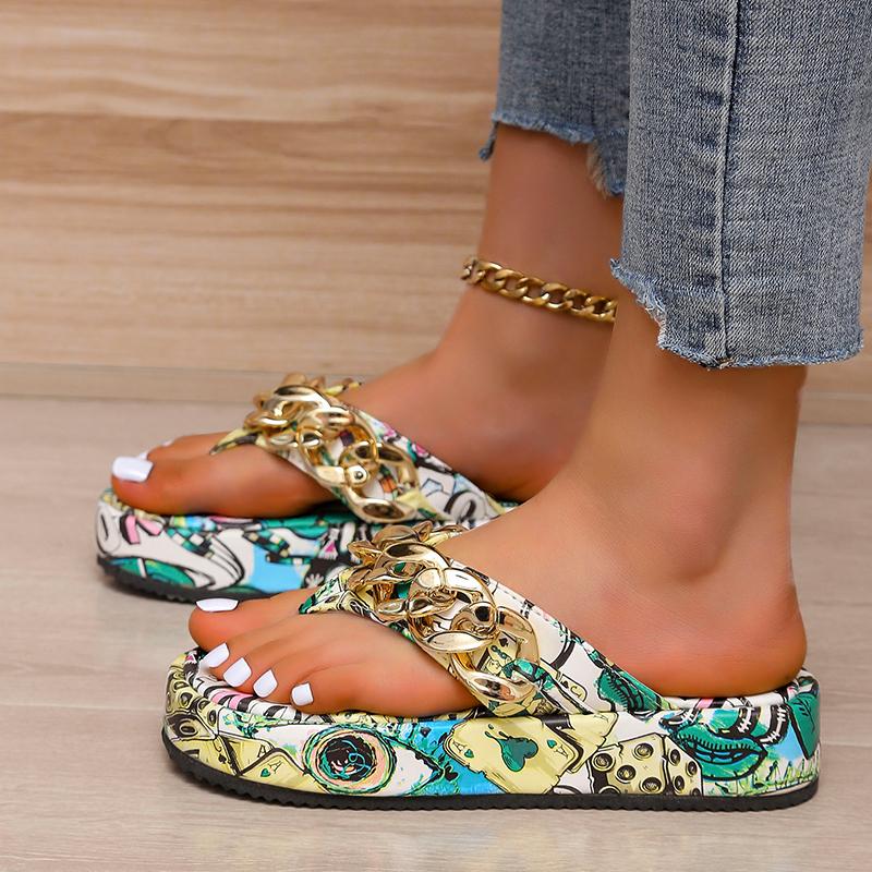 Platform Slippers Graffiti Metal Chain Decoration Wedge Slippers for Women Beach Shoes Rome 2024 Summer New Women's Flip-flops