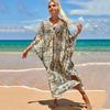 Plus Size Boho Cover Up, Women's Plus Painting Print Bat Sleeve V Neck Split Hem Maxi Cover Up Dress