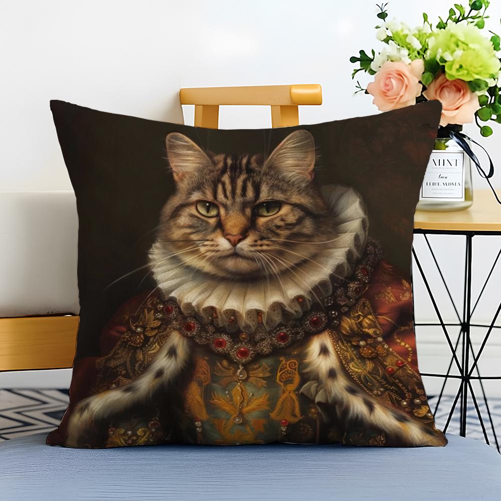 Renaissance Royal Cat Funny Cushion Cover Washable Linen Pillowcase Soft for Sofa Bed Cozy Home Room Decor