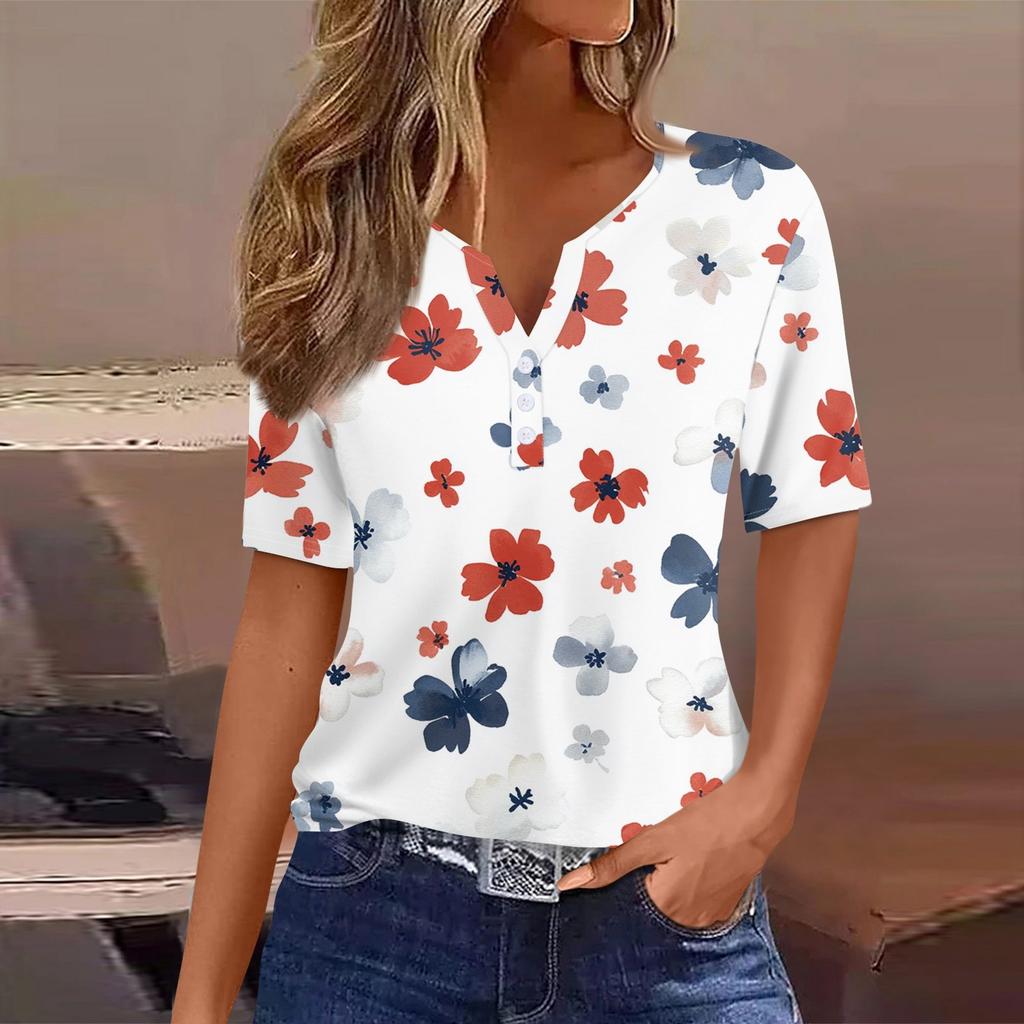 Женская повседневная футболка с коротким рукавом и V-образным вырезом, декоративная отделка пуговицами