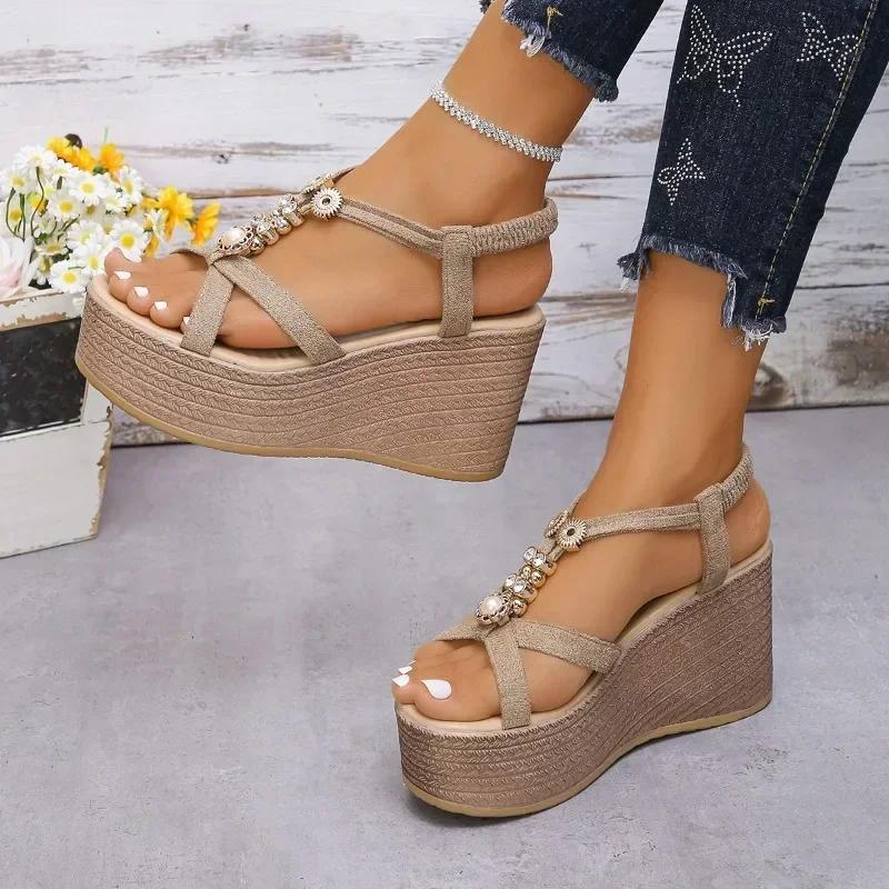 Elastic Band Solid Modern Sandals Super High Heel Wedges 2024Hot Sale Ladies Shoes String Bead Fashion Women's Sandals Sandálias