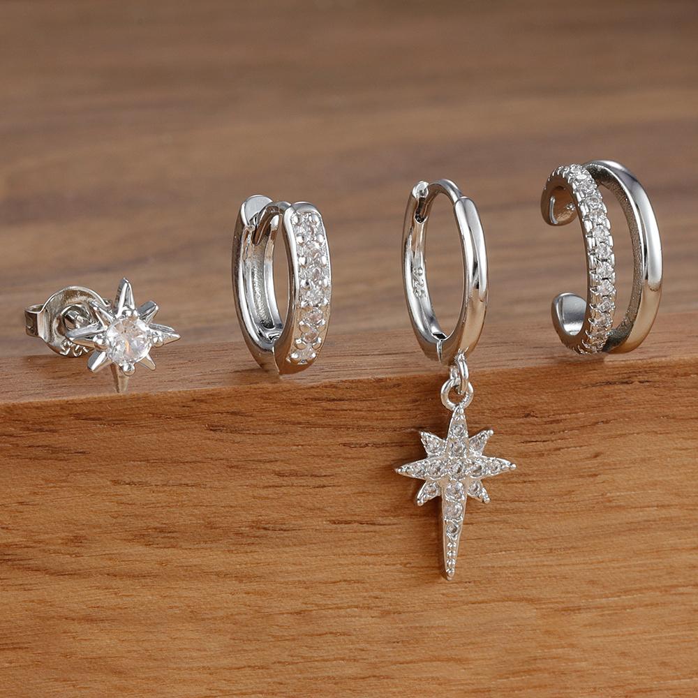 4pcs Fashion Stainless Steel Cubic Zirconia Star Dangle Earring Set For Women Cartilage Piercing Earring Ear Clip Korean Jewelry