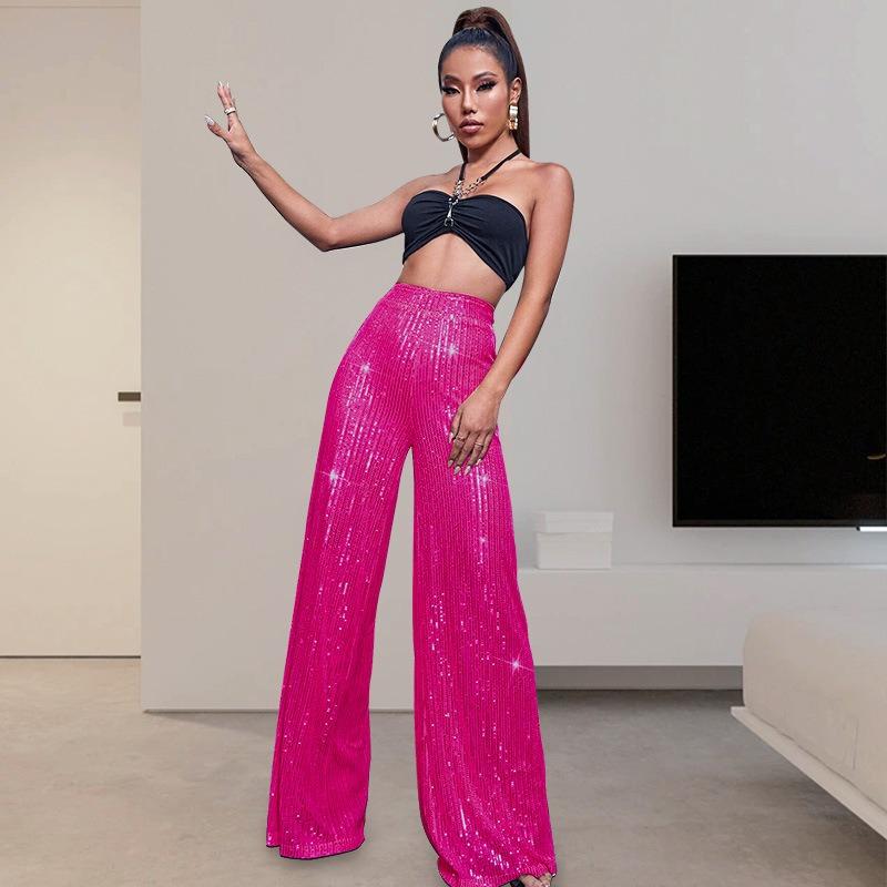 Women's New High Grade Solid Color Pendant Sequin Casual Wide Leg Pants