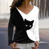 Animal Cat Printed 3D T Shirts Plus Size Black Tees Women Fashion V Neck Long Sleeve T Shirt