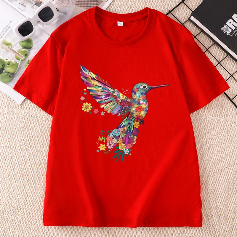 Floral Hummingbird TShirt Animal Lover Tee Bird T Shirts Trendy Short Sleeve T Shirts Unisex Ladies Summer Cotton Tshirts