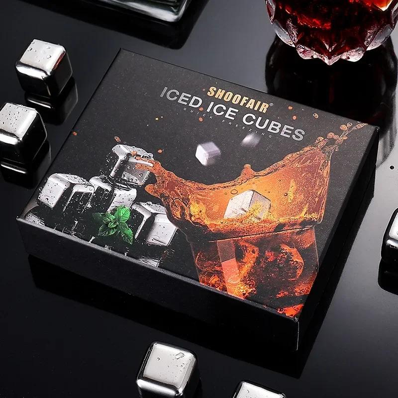 Набор из 6 блоков льда из нержавеющей стали с зажимом для льда, многоразовые камни для льда, охлаждающие кубики для виски и вина, инструменты для барменов, аксессуары