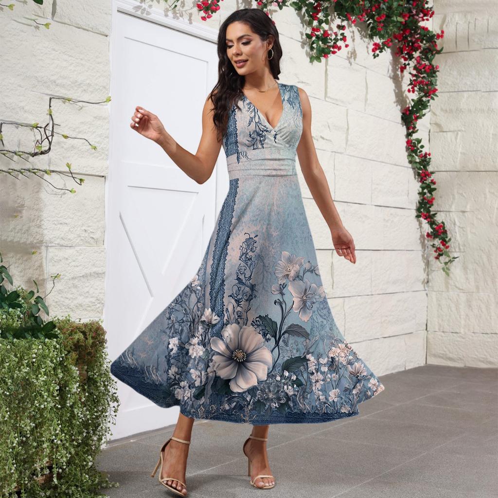 Женское летнее модное ретро-платье с V-образным вырезом и без рукавов