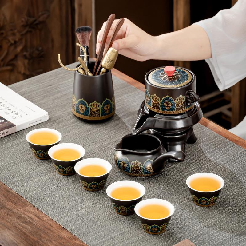 Business suit accompaniment gift ancient rhyme semi-automatic lazy tea set stone grinding teapot high-end gift box enterprise