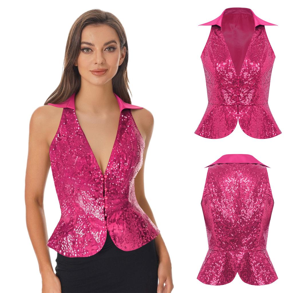 Women's Sequin Embellished Party Vest S-3XL, Lapel Sleeveless Sparkly Top for Night Out, Summer Banquet & Themed Party Wear