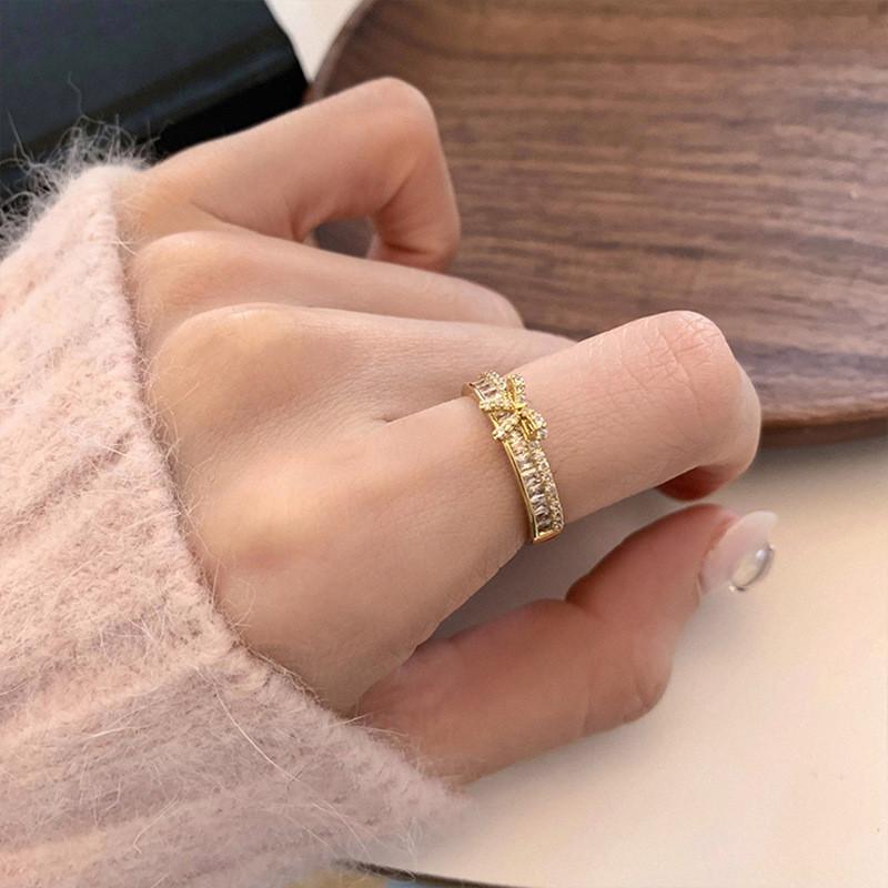 Elegant Korean Style Bowknot Zirconia Ring For Women Adjustable Fashion Accessory